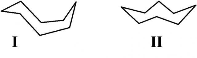 The two possible configurations of the cyclooctane molecule: boat-chair (I) and crown (II) | Credit: Wikimedia commons