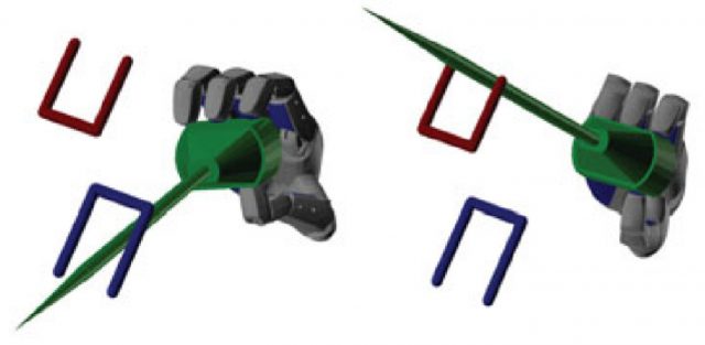 Starting (left) and goal (right) configurations for a robotic hand holding a tool. | Credit: Jaillet & Porta (2013)
