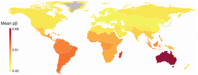 “Biogeographic uniqueness” of the regions of the world estimated by the Pairwise phylogenetic beta diversity (pβ), which compares the degree to which the faunal composition of a given point differs from all other regions’. The higher this value, the more unique is the fauna of that place. | Credit:: Holt, Lessard et al. (2013)