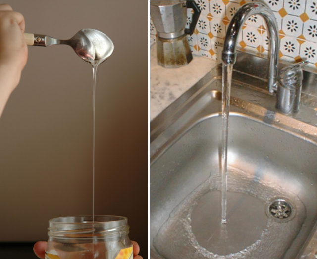 Figure caption. A viscous thread (honey) is falling downwards by its own weight (left) and a jet of tap water falling into a sink (right).| Credit: Photographs by Celeste Villermaux / Eggers & Villermaux (2008)