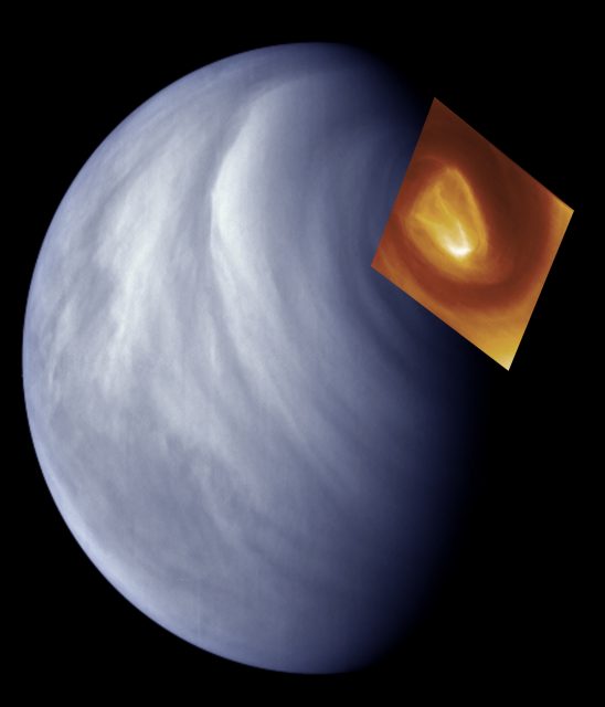 Figure 1: When observed at visual wavelengths, the disk of Venus is almost featureless due to the highly reflecting sulphuric clouds. At some wavelengths, though, some structures arise due to an unknown absorber. This is the aspect of the planet shown here together with an infrared detail of the southern vortex acquired with VIRTIS. | Credit: courtesy of I. Garate-Lopez.