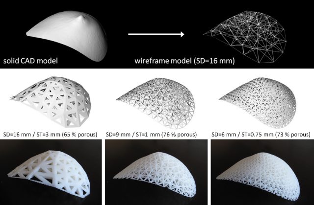 Figure 4. AM technologies allow the generation of personalized scaffolds. In this picture we can see how a solid CAD model can be turned into a mesh and then into different scaffold prototypes manufactured by 3D printing. | Credit: Melchels et al. (2012).