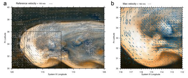 Figure 2. Here we show high-resolution Cassini ISS images taken on February 2011 together with velocity vectors in a general view (a) and a close-up (b) to the region where the convection is possibly most active at this point. Each arrow represents a feature measured at least in two different images. Up to 4,700 wind vectors were measured during this work. Credit: García-Melendo et al. (2013).