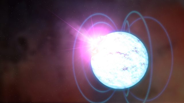 Figure 1. Artist's view of a magnetar. The neutron star can be as small as 20km and when strong magnetic fields are present some X-ray and soft gamma-ray outburst can happen. This picture highlights this relationship by displaying magnetic field lines which would be invisible.| Credit: NASA’s Goddard Space Flight Center