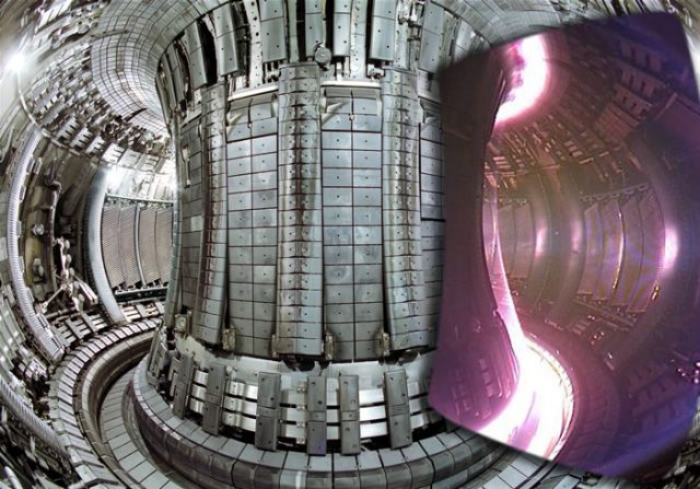 Internal view of the JET vacuum vessel. (Left) Empty vessel, (right) the vessel under operation with plasma inside. (Photo courtesy: EFDA-JET)