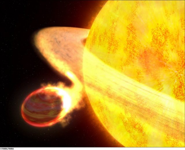 Figure 3. An artist's view of the engulfment of planet Wasp-12 by its host star. This process is able to increase the amount of Li and other refractory elements in the star's photosphere in a dramatic amount. | Credit: G. Bacon/NASA/ESA. 