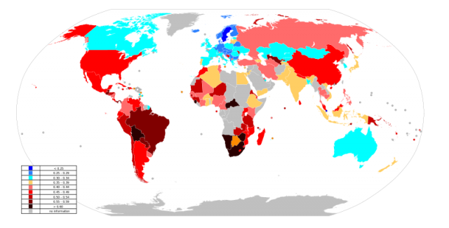 Differences in national income equality around the world as measured by the national Gini coefficient. The Gini coefficient is a number between 0 and 1, where 0 corresponds with perfect equality (where everyone has the same income) and 1 corresponds with perfect inequality (where one person has all the income, and everyone else has zero income). | Credit: World CIA Report 2009 / Wikimedia Commons