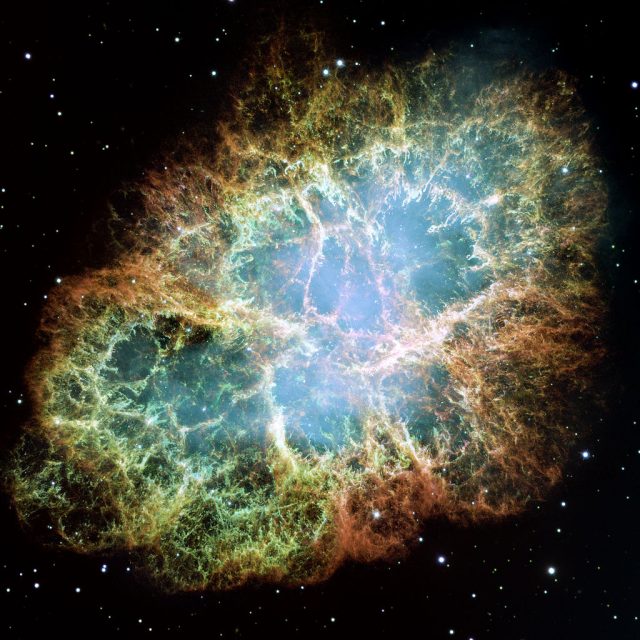 Figure 1. This iconic picture of the Crab Nebula by Hubble Space Telescope has dominated the popular view of this object, while other hidden treasures are located in its interior. | Credit: NASA, ESA, J. Hester and A. Loll (Arizona State University).