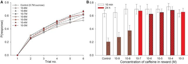 Figure 3 A) The rate of learning of bees to associate a certain scent to a sweet reward is only slightly affected by small concentrations of caffeine. B) Results of a test measuring the ability to remember the scent for bees trained 10 mins before (white bars) or 24h before (red and brown bars). With caffeine concentrations in the nectar during training higher than 1e-7 (red bars), bees were more than twice more likely to remember the stimulus in the long term. Dashed red bars indicate the concentrations typically found in Citrus and Coffea flower nectar. | Credit: Wright et al (2013)