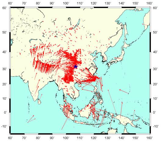 Velocity of the earth's surface at the Indian-Asian collision, from GPS data. Blue star indicates the 2008 China earthquake. | Credit: Caltech