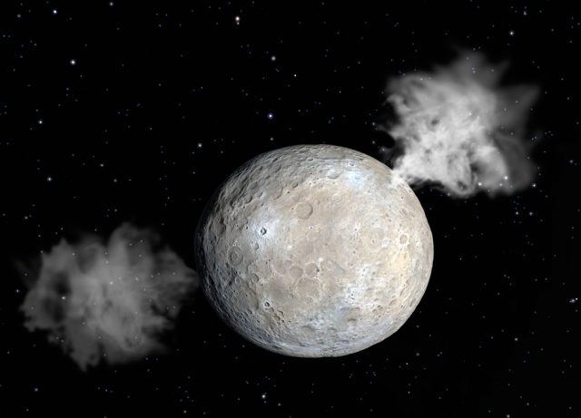 Figure 1. Artist's view of dwarf planet Ceres and its water vapour geysers. Credit: Chris Butler/SPL. | Credit: Campins and Comfort (2014).