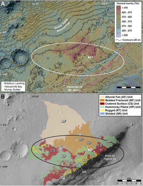 Figure 2. Map showing Curiosity's landing site (circle) and its path to Yellowknife Bay (square). This location is an intersection of some interesting terrains with different thermal inertias (A) and geological characteristics (B). | Credit: Grotzinger et al. (2014).