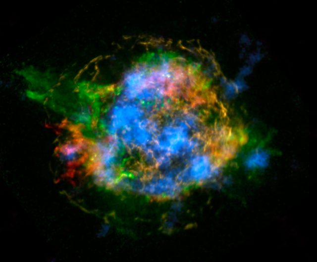 Figure 1 The most accurate map up to date of the supernova remnant Cassiopeia A from NuSTAR high energy data. This maps includes for the first time a detailed mapping of 44Ti tracing the status of the star at the explosion moment. Credit: from Grefenstette et al. (2014), NASA/JPL-Caltech/CXC/SAO.