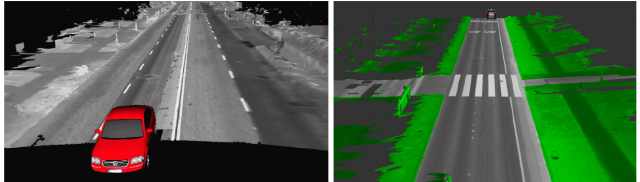 Figure 2. The reconstructed 3D map with gray levels from LIDAR reflectance (left) and the isolation of the ground plane (right). | Credit: Levinson et al (2007)