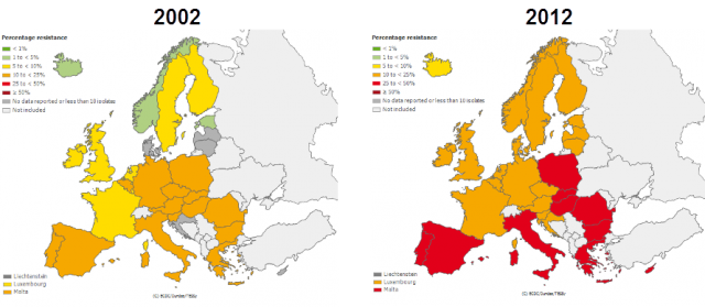 Comparative proportion of fluoroquinolones resistant Escherichia coli isolates in EU during the last ten years. | Credit: European Centre for Disease Prevention and Control (ECDC).