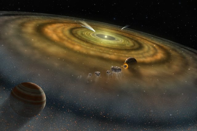 Figure 1. Artist's view of the beta-Pictoris system. Young A-type star is surrounded by a disk of gas and dust, and possibly a number of giant and terrestrial planets. The disk is also shrouded with asteroids and comets that can also be detected from our ground-based telescopes. | Credit: NASA/FUSE/Lynette Cook.