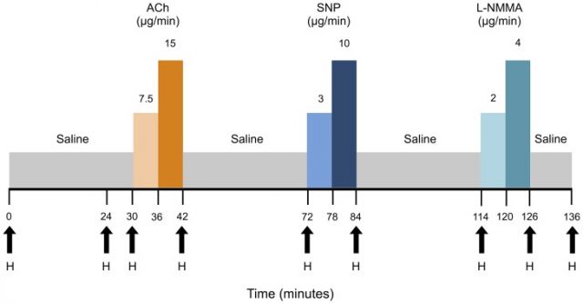 Figure 1. Schematic diagram of forearm blood flow protocol. ACh: Acetylcholine; SNP: Sodium Nitroprusside; L-NMMA: NG-monomethyl-L-arginine; H: Haemodynamic measurements