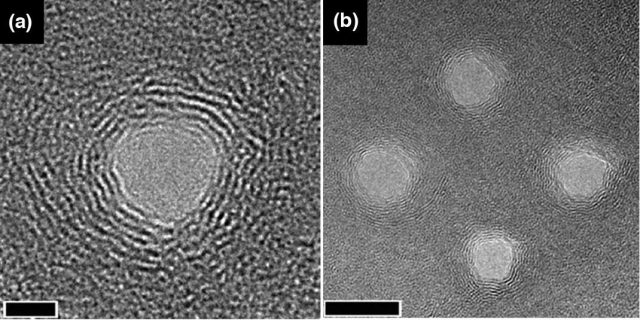Figure 2. Transmission electron microscopy (TEM) images of nanoporous in a graphene sheet. The scale bars correspond to 2nm (a) and 10 nm (b). | Credit: Yuan et al (2014)