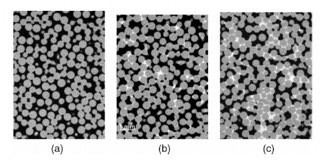 Figure 1. Example of dry and damped granular microstructure: 500 μm polystyrene beads mixed with different amounts of liquid. | Credit: Fall et al (2014)