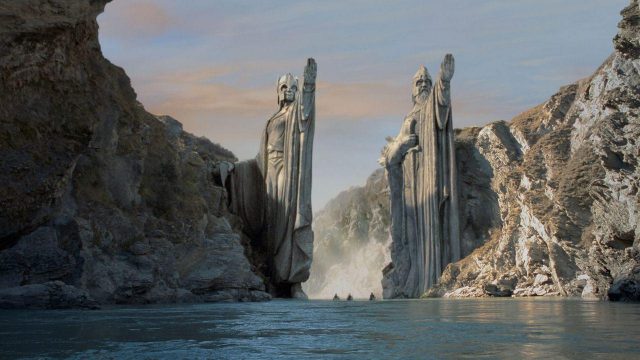 Figure 1. Statues of Isildur and Anarion form The Gates of Argonath, sentinels of the Northern border of Gondor. |Credit: Frame from Peter Jackson's movie The Lord of the Rings: The Fellowship of the Ring, based on the novel The Lord of the Rings by J. R. R. Tolkien.