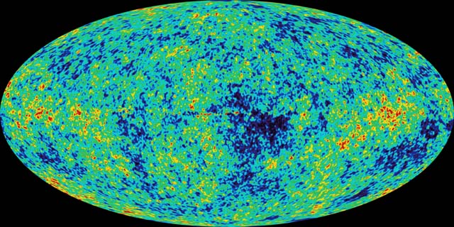  The Cosmic Microwave Background across the whole sky. Red means “hotter” and blue means “colder”. Those big red and blue regions in the center are bigger than it should be…