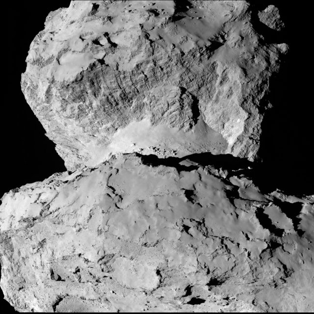 Figure 1. This dramatic view of comet 67P/Churuyumov-Gerasimenko was taken on August, 2014, before the landing of Philae. During the approach phase, a double nucleus was revealed, an unexpected outcome for the Rosetta mission. | Credit: ESA/Rosetta/MPS for OSIRIS Team; MPS/UPD/LAM/IAA/SSO/INTA/UPM/DASP/IDA.