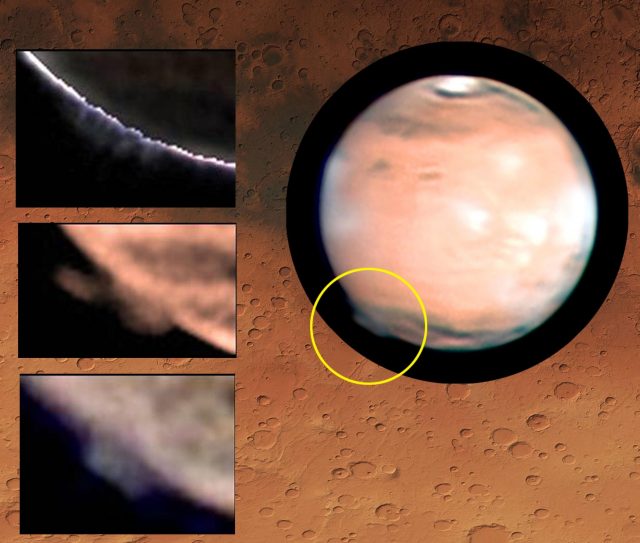 Figure 1. Some observations of the 2012 Martian plume. The full-disk version on the right was taken by Damian Peach on March. The insets on the left correspond, from top to bottom, to William Jaeschke, Donald Parker and Jim Phillips. The background image reflects the highly craterized aspect of Terra Cimmeria. | Credit: all images are courtesy of their respective authors and available through public databases.