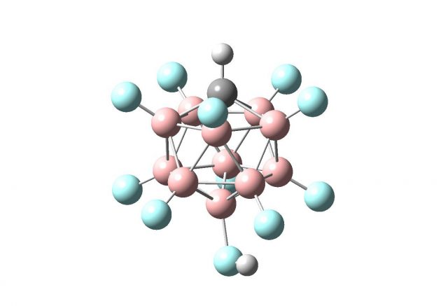 Figure 1. The carborane superacid H-(CHB11F11), blue circles – fluorine atoms, pink – boron atoms, black – carbon atom, grey – hydrogen atoms.
