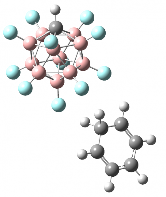 Figure 4. The benzenium ion salt - [C6H7+][CHB11F11-]; blue circles – fluorine atoms, pink – boron atoms, black – carbon atoms, grey – hydrogen atoms.