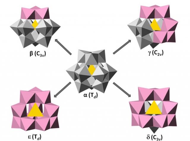 Figure 4. The five Baker-Figgis isomers of the Keggin anion in polyhedral representation.