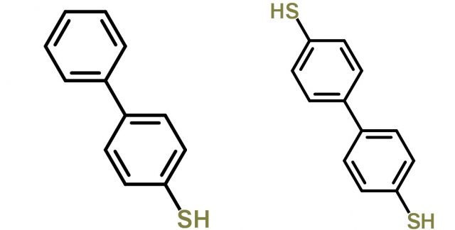 Figure . 4-biphenylthiol (left) and 4-4'-biphenyldithiol (right)