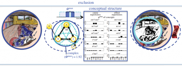 Figure 4. Consciousness flows at a given speed with a definite cause–effect structure that is maximally irreducible intrinsically (max), the so-called conceptual structure. | Credit: Tononi & Koch (2005).