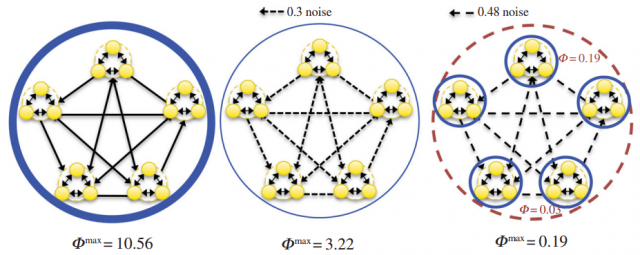 Figure 4. Three examples of maximally integrated information showing that IIT implies that consciousness is graded. | Credit: Tononi & Koch (2015).