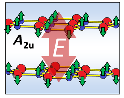 Part of the periodic structure of bilayer h-BN. Large (red) and small (blue) hatched circles denote boron and nitrogen atoms, respectively. The atomic displacement in the A2u phonon mode are indicated by green arrows. The E indicates an optical E field. | Credit: Miyamoto et al (2015) 