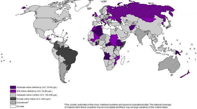 Figure 2. Global distribution of iodine deficiency based on median UIC in 2011. |Credit: Rohner et al (2014)