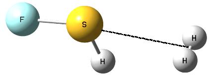 Figure 3. The SFH-H2 complex; the H-H σ-bond is situated approximately on the extension of the F-S bond; the broken line corresponds to the link between S-centre and σ-electrons.
