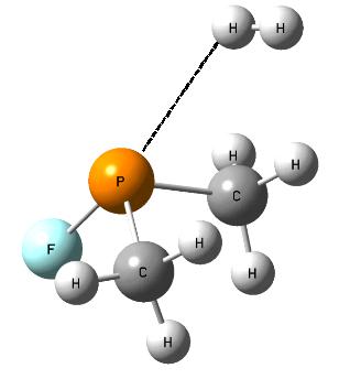 Figure 4. The PF(CH3)2-H2 complex; the link between the phosphorus and one of the H-atoms of dihydrogen is observed (broken line).