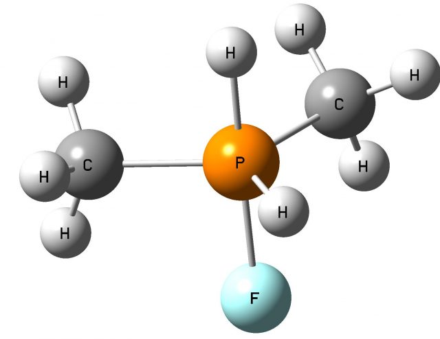Figure 5. The product of the PF(CH3)2 + H2 reaction; the PFH2(CH3)2 molecule.
