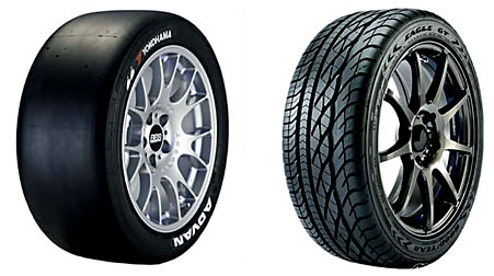 Figure 1. Smooth tires such as the racing tire (left) provide the best grip in dry conditions. However, in wet conditions rain treads (right) are better. The hypothesis proposed by Changizi et al suggests that, although smooth fingertips provide the best grip in dry conditions, fingertips wrinkle in wet conditions for better grip, akin to rain treads.
