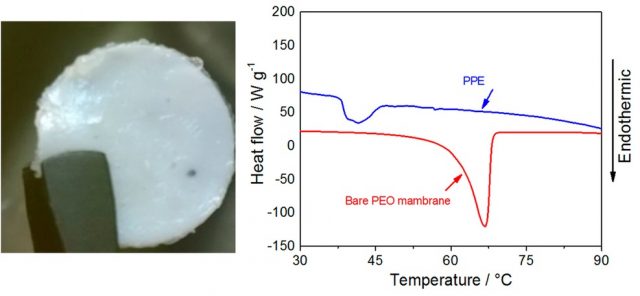 Figure 7. Photographic image (left) of the plasticized polymer electrolyte (PPE) and differential scanning calorimetry traces (right) within 25 °C and 95 °C of the of the bare polymer (PEO, red curve) and of the plasticized one (PPE, blue curve). | Credit: Elia & Hassoun (2015).