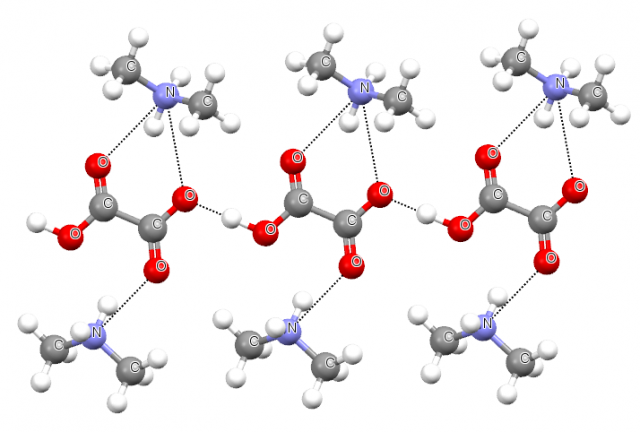 Figure 2. The fragment of the crystal structure of dimethylammonium hydrogen oxalate, the chain of HC2O4- anions linked by the O-H…O hydrogen bonds is stabilized by the interactions with NH2(CH3)2+ cations (O, C, H and N atoms are designated by red, grey, bright grey and blue colors, respectively). Broken lines correspond to O-H…O and N-H…O contacts (hydrogen bonds); picture taken from Cambridge Structural Database (CSD) | Credit: F.H.Allen, The Cambridge Structural Database: a quarter of a million crystal structures and rising. Acta Cryst. 2002, B58, 380-388.