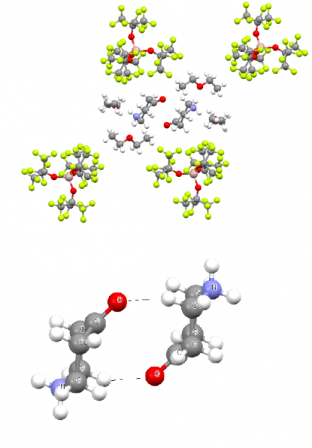 Figure 3. The fragment of the crystal structure of [OC5H8NH2][AlOC(CF3)34] 2(C2H5)2O, (upper diagram) dication situated in the central part of this picture is surrounded by neutral (C2H5)2O molecules, while anions are far from dication, (lower diagram) the structure of dication is presented, it is stabilized by the C-H…O hydrogen bonds, O, C, H and N atoms are designated by red, grey, bright grey and blue colors, respectively; pink and green colors for atoms in anions correspond to aluminum and fluorine, pictures taken from Cambridge Structural Database (CSD) | Credit: F.H.Allen, The Cambridge Structural Database: a quarter of a million crystal structures and rising. Acta Cryst. 2002, B58, 380-388.