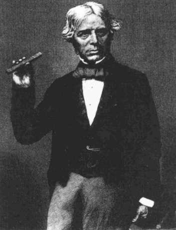 Faraday holding a piece of glass of the type he used to demonstrate the effect of magnetism on polarization of light, c. 1857.