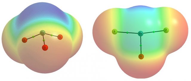 Figure 1. Computed (MP2/aug-cc-pVTZ-PP calculations) electrostatic potential on the 0.001 au molecular surface of XeO3 (left) and XeF2O (right). Blue colour corresponds to the maximum and red one to the minimum electrostatic potential. For the XeO3 molecule three maxima of the positive electrostatic potential (+58 kcal/mol) are situated at the Xe-centre, approximately in elongations of O=Xe bonds; for the XeF2O molecule the maximum positive electrostatic potential (+90 kcal/mol) is situated in the elongation of O=Xe. 