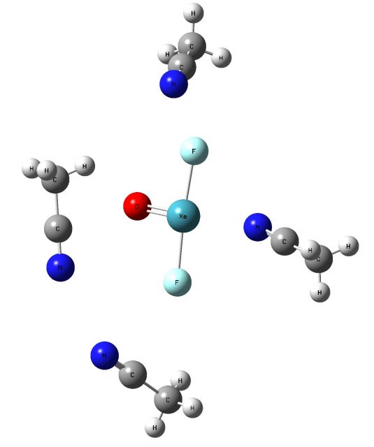 Figure 2. The fragment of the X-ray crystal structure of XeF2O.CH3CN The nearest neighbours of the XeF2O molecule are presented.