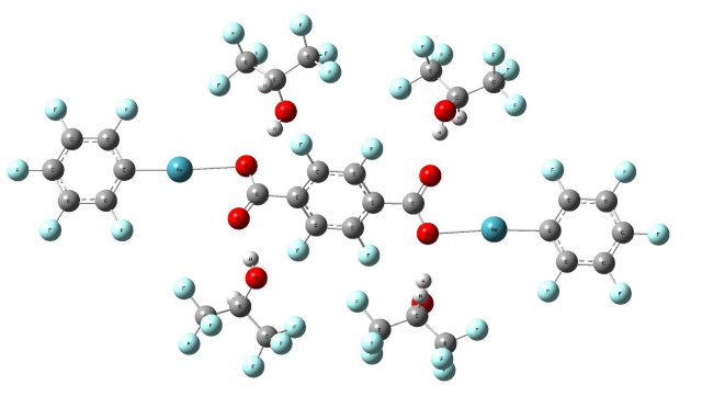 Figure 4. The C20F14O4Xe2.(C3F6OH2)4 complex in the corresponding crystal structure, picture based on results from Cambridge Structural Database (CSD) [7].