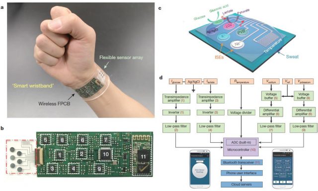 Figure 3: a,b) Images from the wearable flexible integrated sensing array (FISA). c) Sensor scheme. d) Diagram of the FISA with the signal transduction electrodes in orange, conditioning components in green and processing components in purple. Wireless transmission (blue) paths from sensors to the custom-developed mobile application. | Credit: Gao et al (2016) 