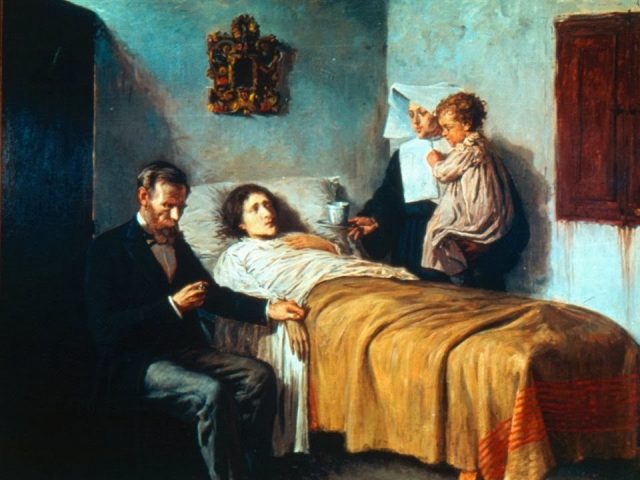 Picasso´s oil on canvas (1897) depicting the scientific and spiritual aid that would be needed for ill recovery. While a doctor checks the pulse of a patient, a nun, carrying the patient´s son in her hands, offers the ill an infusion. Interpretation and image from ref. 4 (page 199).
