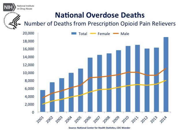 The dark side of opioid pain relievers. Overdose deaths in the US. Source: National Institute on Drug Abuse.