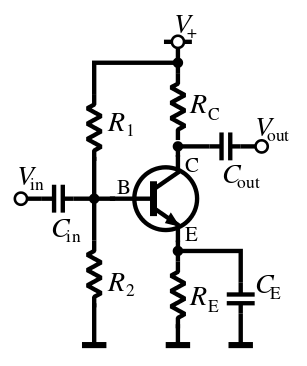 Amplifier circuit, common-emitter configuration with a voltage-divider bias circuit.